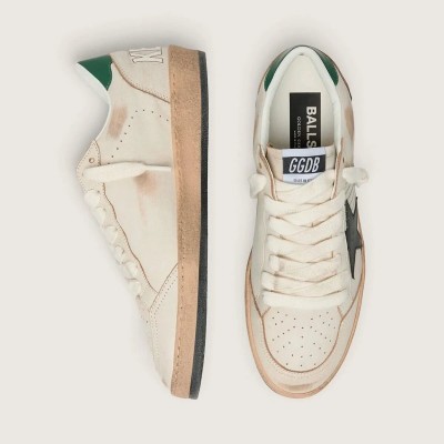 Golden Goose Ball Star Sneaker With Black Leather Star And Green Leather Heel Tab Golden Goose Ball Star Sneaker With Black Leather Star And Green Leather Heel Tab