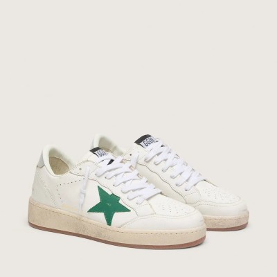 Golden Goose Ball Star Sneaker With Green Leather Star And Metallic Leather Heel Tab