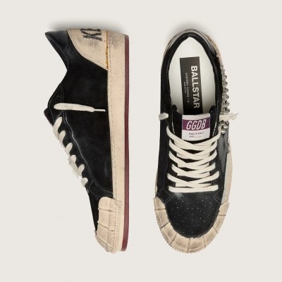 Golden Goose Ball Star Lab Sneaker In Black Suede With Studs And Glossy Black Leather Star Golden Goose Ball Star Lab Sneaker In Black Suede With Studs And Glossy Black Leather Star