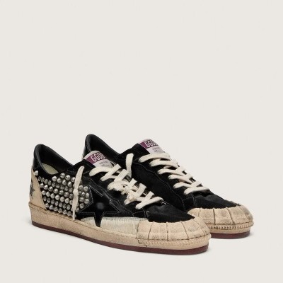 Golden Goose Ball Star Lab Sneaker In Black Suede With Studs And Glossy Black Leather Star