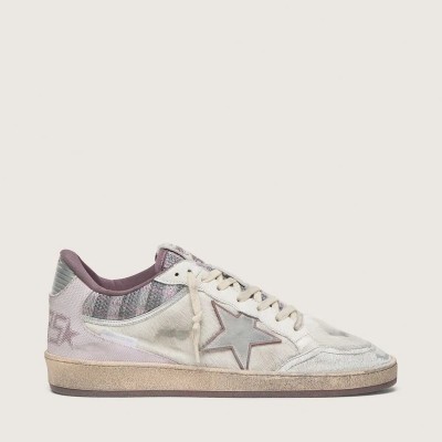 Golden Goose Ball Star Lab Sneaker In White Nylon And Pony Skin With Silver Star And Lilac Inserts Golden Goose Ball Star Lab Sneaker In White Nylon And Pony Skin With Silver Star And Lilac Inserts