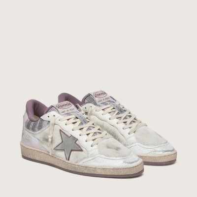 Golden Goose Ball Star Lab Sneaker In White Nylon And Pony Skin With Silver Star And Lilac Inserts