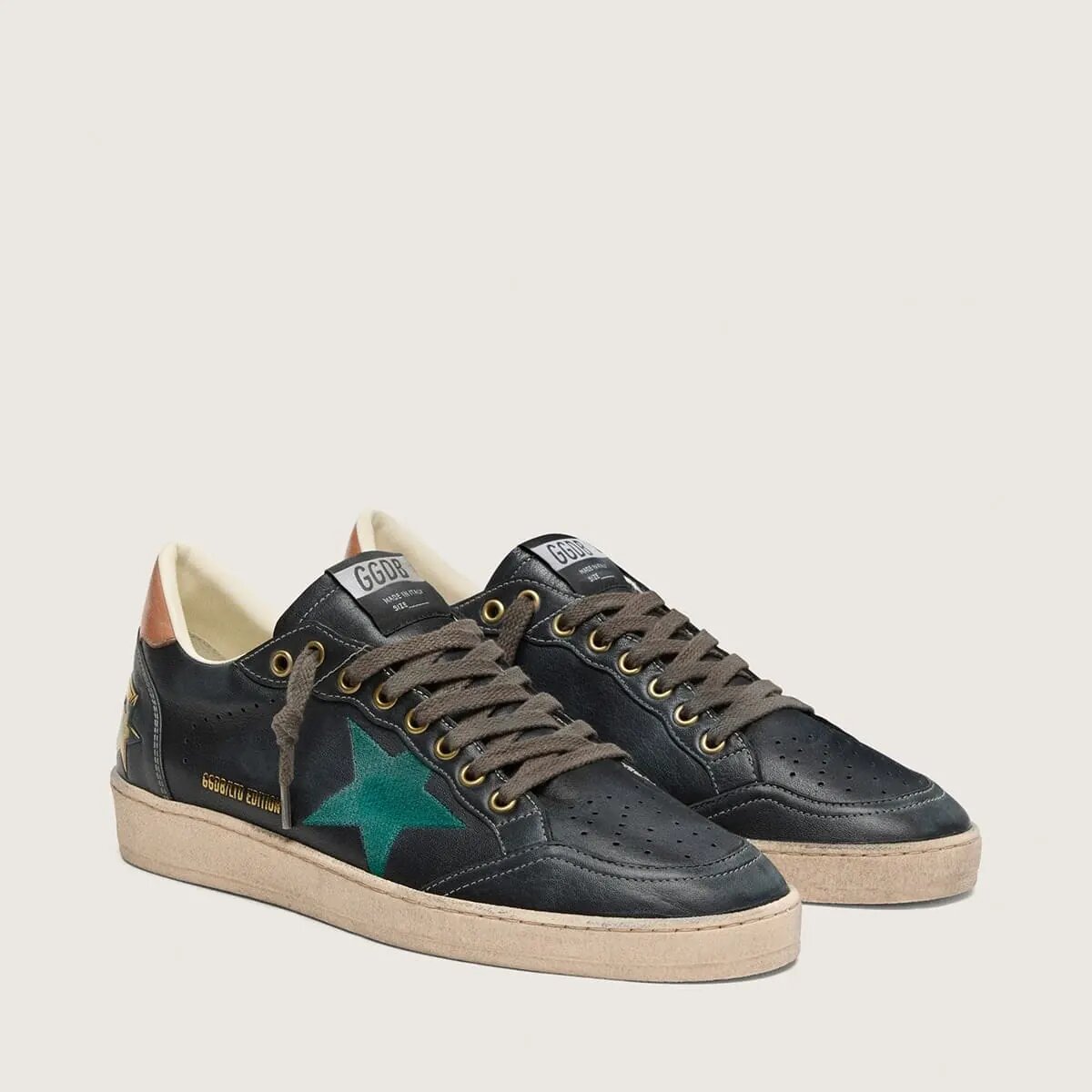 Golden Goose Ball Star Ltd Sneaker In Black Leather With Green Embroidered Star Golden Goose Ball Star Ltd Sneaker In Black Leather With Green Embroidered Star