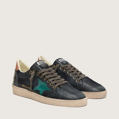 Golden Goose Ball Star Ltd Sneaker In Black Leather With Green Embroidered Star