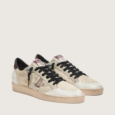 Golden Goose Ball Star Ltd Sneaker In Cream Leather With Snake-Print Star
