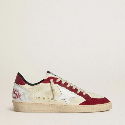 Golden Goose Ball Star Ltd Sneaker In Cream Nappa With White Leather Star And Red Suede Inserts Golden Goose Ball Star Ltd Sneaker In Cream Nappa With White Leather Star And Red Suede Inserts