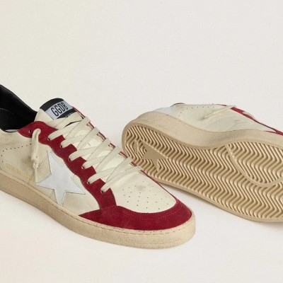 Golden Goose Ball Star Ltd Sneaker In Cream Nappa With White Leather Star And Red Suede Inserts Golden Goose Ball Star Ltd Sneaker In Cream Nappa With White Leather Star And Red Suede Inserts