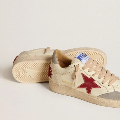 Golden Goose Ball Star Ltd Sneaker In Nappa Leather With Red Leather Star And Gray Suede Heel Tab Golden Goose Ball Star Ltd Sneaker In Nappa Leather With Red Leather Star And Gray Suede Heel Tab