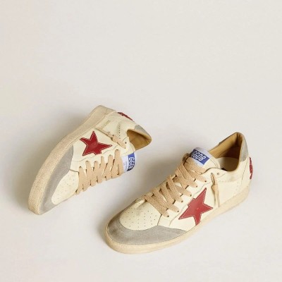 Golden Goose Ball Star Ltd Sneaker In Nappa Leather With Red Leather Star And Gray Suede Heel Tab