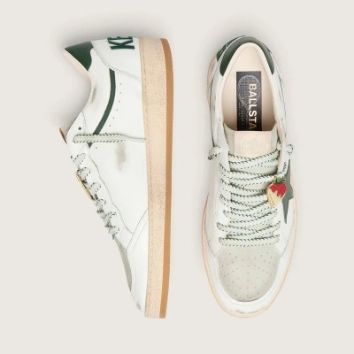 Golden Goose Ball Star Ltd Sneaker In White Leather With Green Star And Skins Golden Goose Ball Star Ltd Sneaker In White Leather With Green Star And Skins