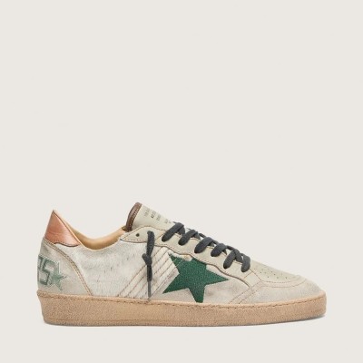 Golden Goose Ball Star Ltd Sneaker In White Pony Skin And Gray Suede With Green Star Golden Goose Ball Star Ltd Sneaker In White Pony Skin And Gray Suede With Green Star