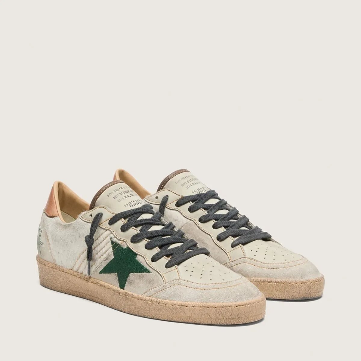 Golden Goose Ball Star Ltd Sneaker In White Pony Skin And Gray Suede With Green Star Golden Goose Ball Star Ltd Sneaker In White Pony Skin And Gray Suede With Green Star