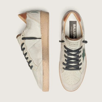 Golden Goose Ball Star Ltd Sneaker In White Pony Skin And Gray Suede With Green Star Golden Goose Ball Star Ltd Sneaker In White Pony Skin And Gray Suede With Green Star