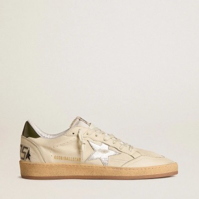 Golden Goose Ball Star Sneaker With Silver Leather Star And Green Leather Heel Tab Golden Goose Ball Star Sneaker With Silver Leather Star And Green Leather Heel Tab
