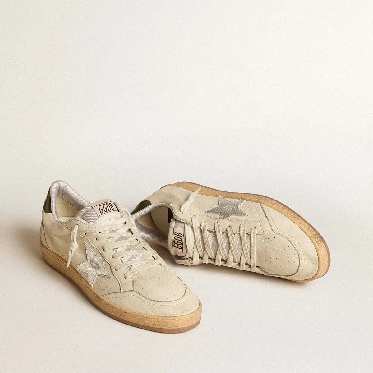 Golden Goose Ball Star Sneaker With Silver Leather Star And Green Leather Heel Tab Golden Goose Ball Star Sneaker With Silver Leather Star And Green Leather Heel Tab