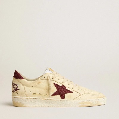 Golden Goose Ball Star Sneaker In Beige Nappa With Burgundy Mesh Star And Heel Tab Golden Goose Ball Star Sneaker In Beige Nappa With Burgundy Mesh Star And Heel Tab