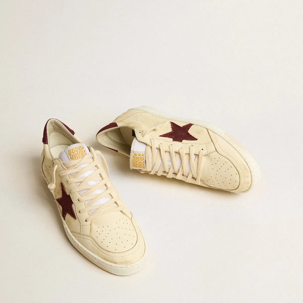 Golden Goose Ball Star Sneaker In Beige Nappa With Burgundy Mesh Star And Heel Tab Golden Goose Ball Star Sneaker In Beige Nappa With Burgundy Mesh Star And Heel Tab