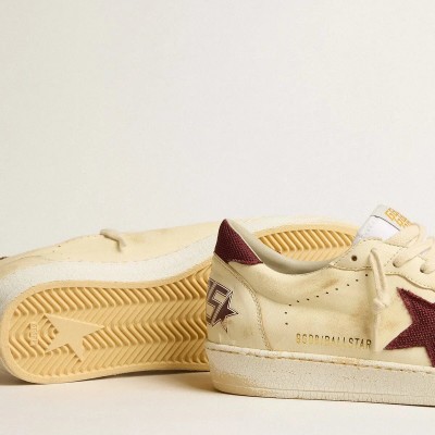 Golden Goose Ball Star Sneaker In Beige Nappa With Burgundy Mesh Star And Heel Tab Golden Goose Ball Star Sneaker In Beige Nappa With Burgundy Mesh Star And Heel Tab