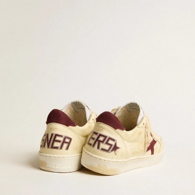 Golden Goose Ball Star Sneaker In Beige Nappa With Burgundy Mesh Star And Heel Tab Golden Goose Ball Star Sneaker In Beige Nappa With Burgundy Mesh Star And Heel Tab