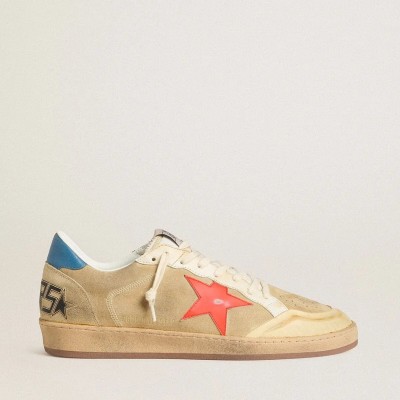 Golden Goose Ball Star Sneaker In Beige Suede With Coral Leather Star And Blue Nappa Heel Tab Golden Goose Ball Star Sneaker In Beige Suede With Coral Leather Star And Blue Nappa Heel Tab