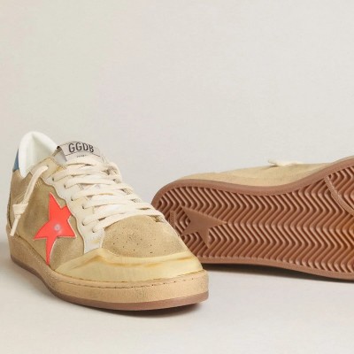 Golden Goose Ball Star Sneaker In Beige Suede With Coral Leather Star And Blue Nappa Heel Tab Golden Goose Ball Star Sneaker In Beige Suede With Coral Leather Star And Blue Nappa Heel Tab