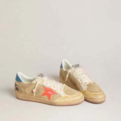 Golden Goose Ball Star Sneaker In Beige Suede With Coral Leather Star And Blue Nappa Heel Tab