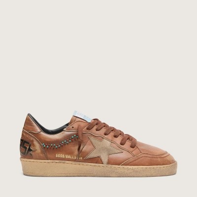 Golden Goose Ball Star Sneaker In Brown Leather With Beige Suede Star And Beads Golden Goose Ball Star Sneaker In Brown Leather With Beige Suede Star And Beads