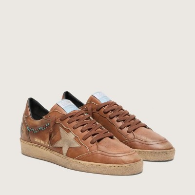 Golden Goose Ball Star Sneaker In Brown Leather With Beige Suede Star And Beads