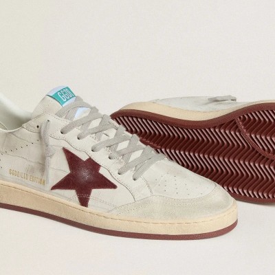 Golden Goose Ball Star Sneaker In Crocodile-Print Nubuck With Burgundy Suede Star Golden Goose Ball Star Sneaker In Crocodile-Print Nubuck With Burgundy Suede Star
