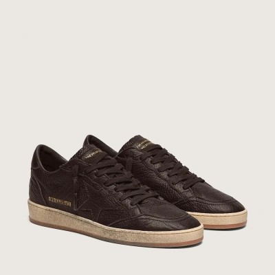Golden Goose Ball Star Sneaker In Dark Brown Leather With Tone-On-Tone Leather Star Golden Goose Ball Star Sneaker In Dark Brown Leather With Tone-On-Tone Leather Star
