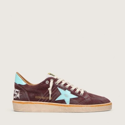 Golden Goose Ball Star Sneaker In Dark Red Suede With Light Blue Star And Heel Tab Golden Goose Ball Star Sneaker In Dark Red Suede With Light Blue Star And Heel Tab