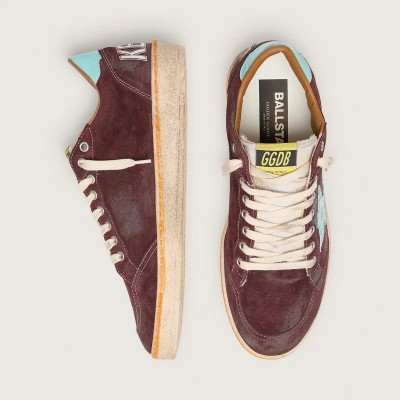 Golden Goose Ball Star Sneaker In Dark Red Suede With Light Blue Star And Heel Tab Golden Goose Ball Star Sneaker In Dark Red Suede With Light Blue Star And Heel Tab