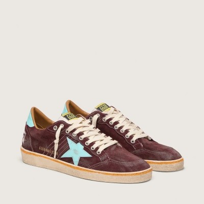 Golden Goose Ball Star Sneaker In Dark Red Suede With Light Blue Star And Heel Tab Golden Goose Ball Star Sneaker In Dark Red Suede With Light Blue Star And Heel Tab