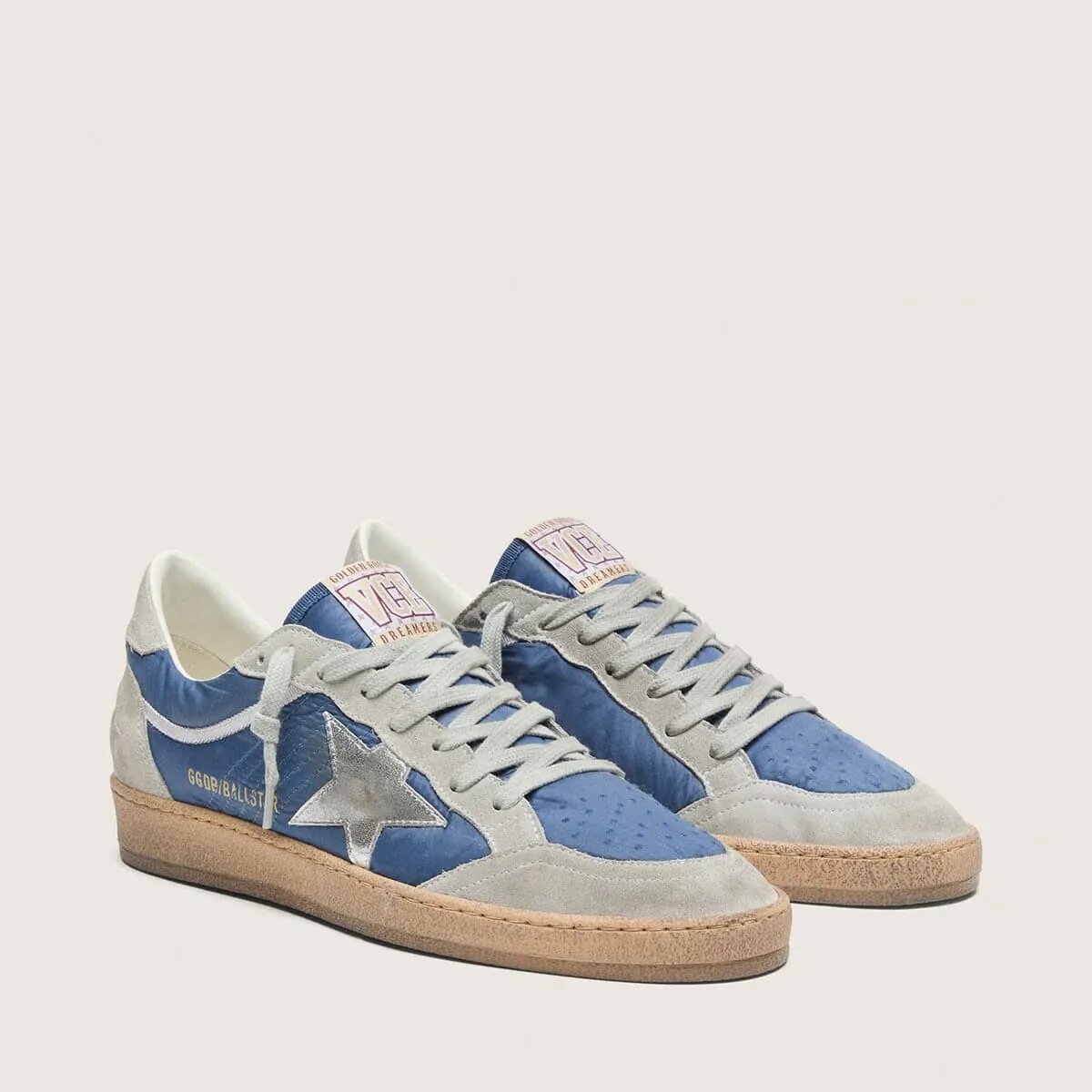 Golden Goose Ball Star Sneaker In Denim-Blue Nylon With Light Gray Suede Inserts And Metallic Silver Leather Star Golden Goose Ball Star Sneaker In Denim-Blue Nylon With Light Gray Suede Inserts And Metallic Silver Leather Star