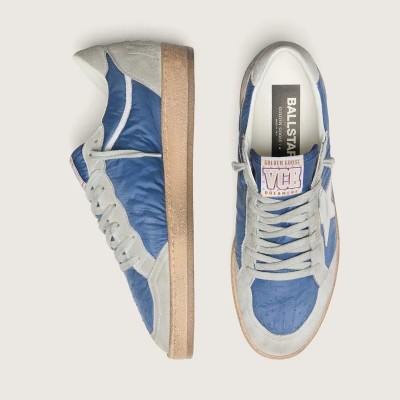 Golden Goose Ball Star Sneaker In Denim-Blue Nylon With Light Gray Suede Inserts And Metallic Silver Leather Star Golden Goose Ball Star Sneaker In Denim-Blue Nylon With Light Gray Suede Inserts And Metallic Silver Leather Star