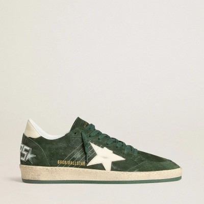 Golden Goose Ball Star Sneaker In Green Suede With White Leather Star And Heel Tab