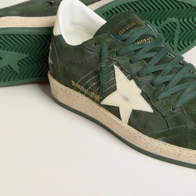 Golden Goose Ball Star Sneaker In Green Suede With White Leather Star And Heel Tab