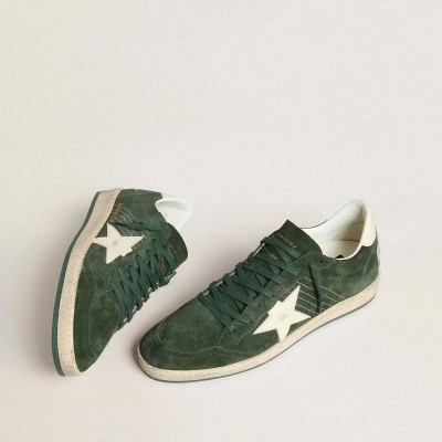 Golden Goose Ball Star Sneaker In Green Suede With White Leather Star And Heel Tab Golden Goose Ball Star Sneaker In Green Suede With White Leather Star And Heel Tab