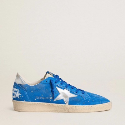 Golden Goose Ball Star Sneaker In Light Blue Suede With Studs And Silver Metallic Leather Star Golden Goose Ball Star Sneaker In Light Blue Suede With Studs And Silver Metallic Leather Star