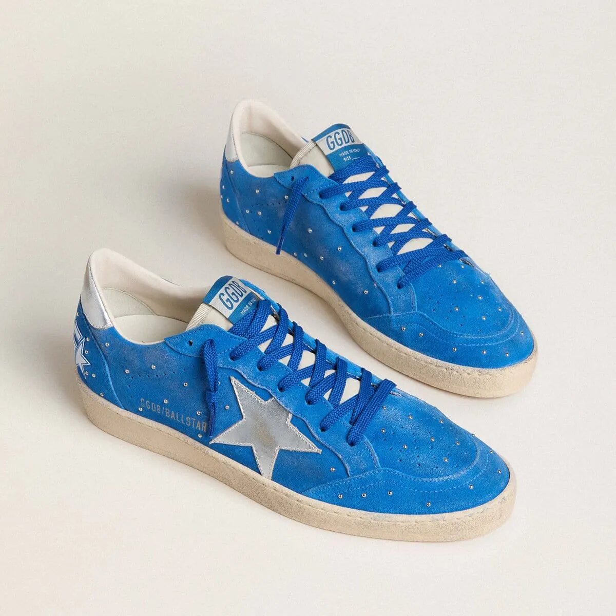 Golden Goose Ball Star Sneaker In Light Blue Suede With Studs And Silver Metallic Leather Star Golden Goose Ball Star Sneaker In Light Blue Suede With Studs And Silver Metallic Leather Star