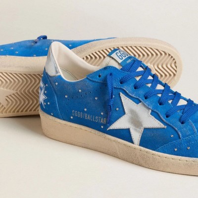 Golden Goose Ball Star Sneaker In Light Blue Suede With Studs And Silver Metallic Leather Star Golden Goose Ball Star Sneaker In Light Blue Suede With Studs And Silver Metallic Leather Star
