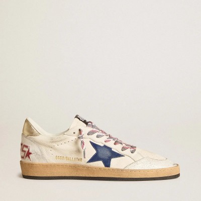Golden Goose Ball Star Sneaker In Nappa Leather With Blue Suede Star And Platinum Leather Heel Tab Golden Goose Ball Star Sneaker In Nappa Leather With Blue Suede Star And Platinum Leather Heel Tab