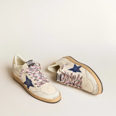 Golden Goose Ball Star Sneaker In Nappa Leather With Blue Suede Star And Platinum Leather Heel Tab Golden Goose Ball Star Sneaker In Nappa Leather With Blue Suede Star And Platinum Leather Heel Tab