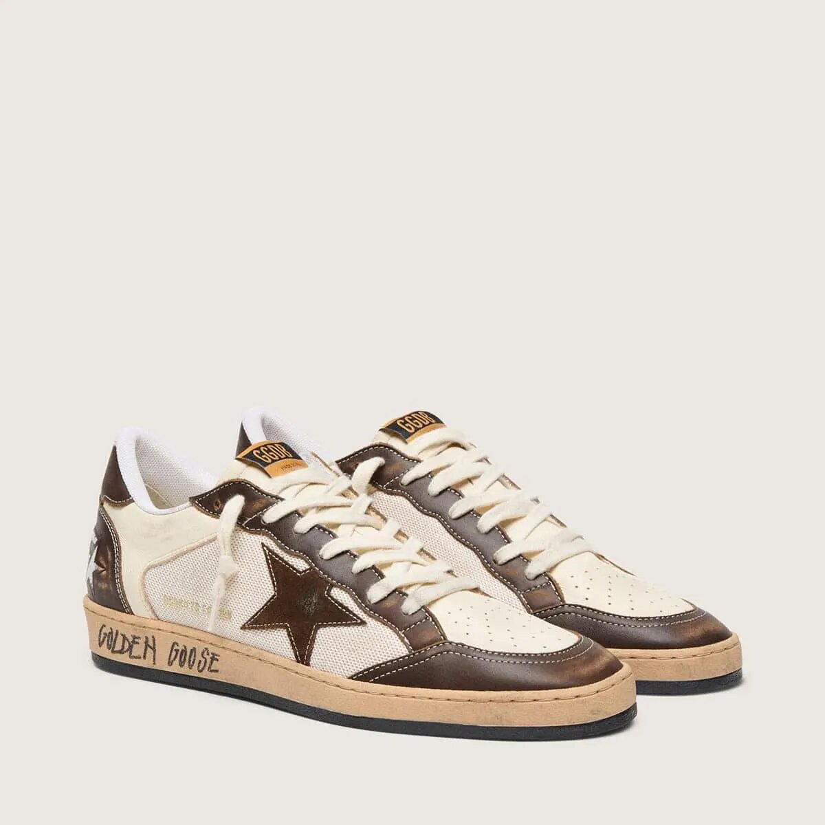 Golden Goose Ball Star Sneaker In Nappa And Mesh With Suede Star And Brown Leather Inserts Golden Goose Ball Star Sneaker In Nappa And Mesh With Suede Star And Brown Leather Inserts