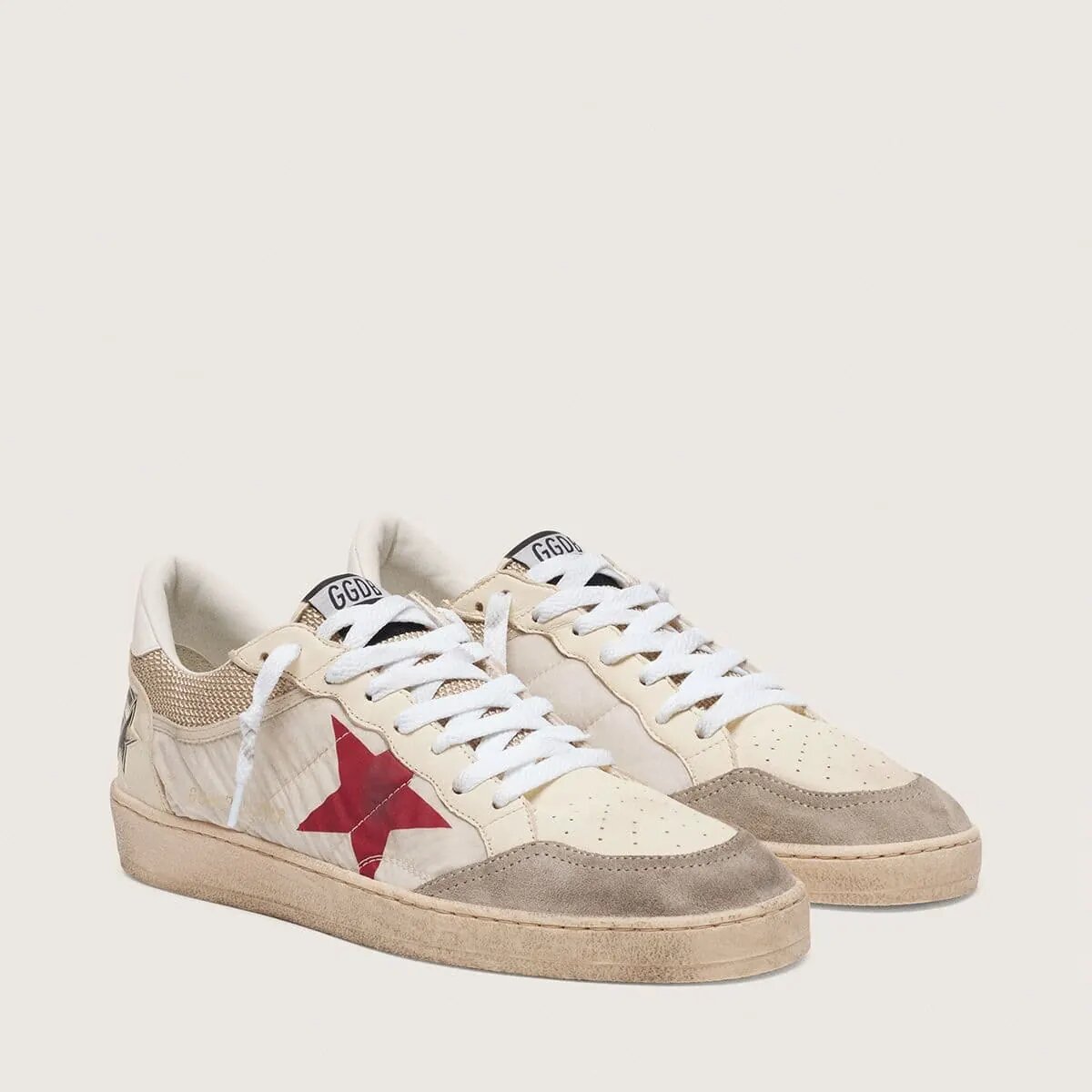 Golden Goose Ball Star Sneaker In Nylon And White Mesh With Red Nylon Star And White Leather Heel Tab Golden Goose Ball Star Sneaker In Nylon And White Mesh With Red Nylon Star And White Leather Heel Tab