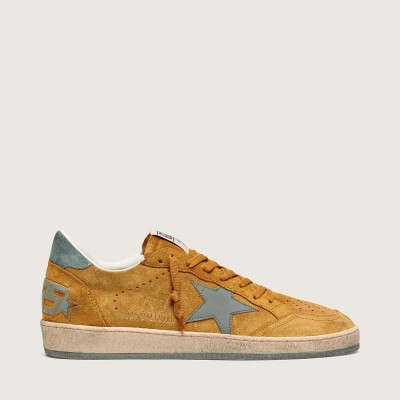 Golden Goose Ball Star Sneaker In Ocher Suede With Leather Star And Light Blue Suede Heel Tab Golden Goose Ball Star Sneaker In Ocher Suede With Leather Star And Light Blue Suede Heel Tab