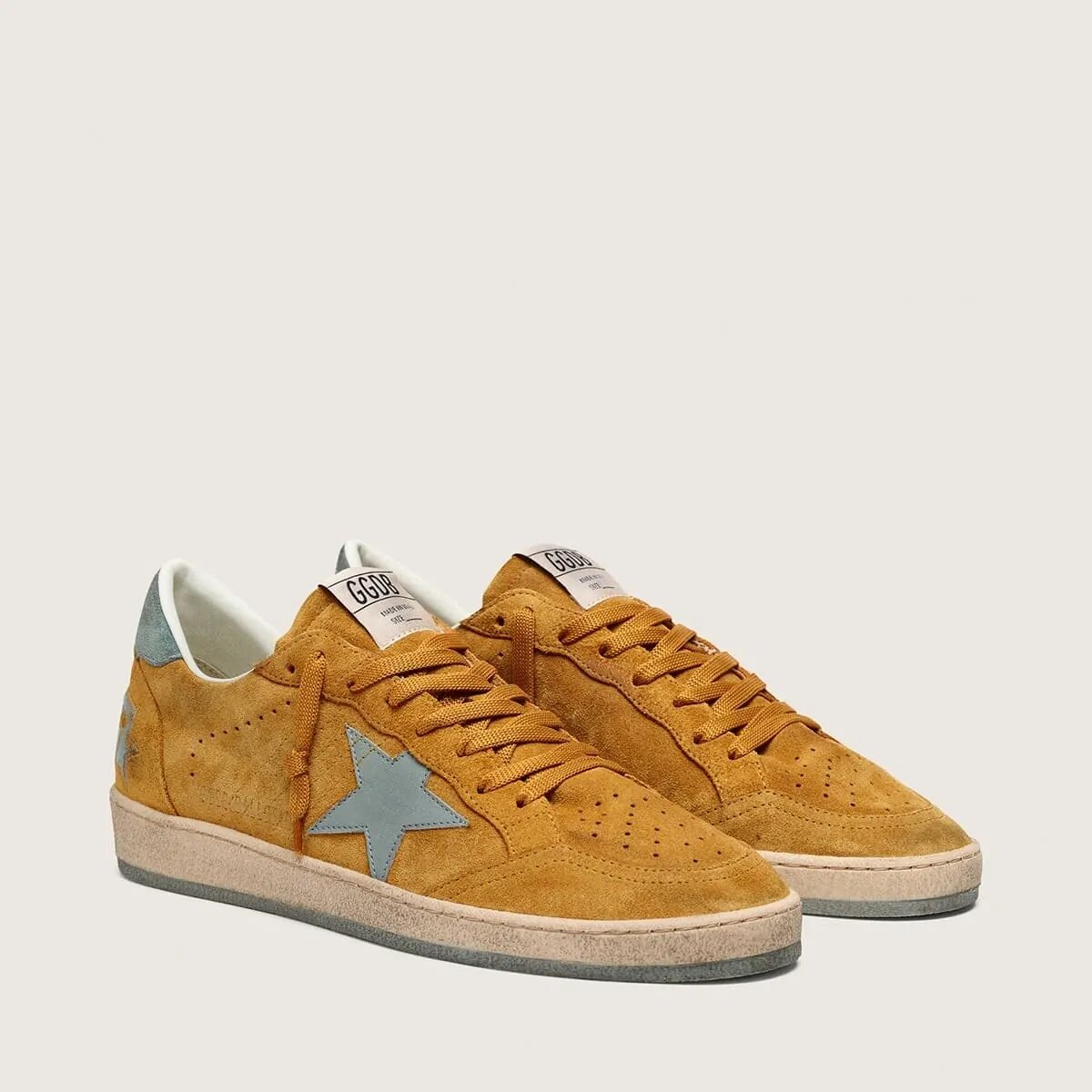 Golden Goose Ball Star Sneaker In Ocher Suede With Leather Star And Light Blue Suede Heel Tab Golden Goose Ball Star Sneaker In Ocher Suede With Leather Star And Light Blue Suede Heel Tab