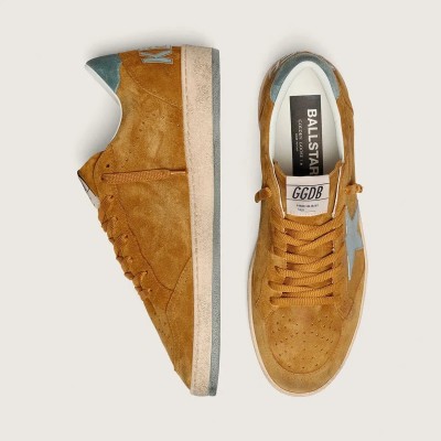 Golden Goose Ball Star Sneaker In Ocher Suede With Leather Star And Light Blue Suede Heel Tab Golden Goose Ball Star Sneaker In Ocher Suede With Leather Star And Light Blue Suede Heel Tab
