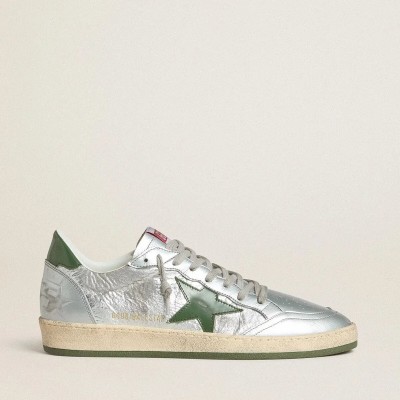 Golden Goose Ball Star Sneaker In Silver Nylon With Green Leather Star And Heel Tab Golden Goose Ball Star Sneaker In Silver Nylon With Green Leather Star And Heel Tab