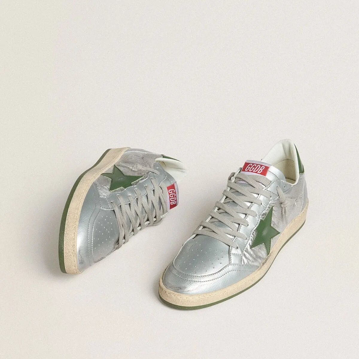 Golden Goose Ball Star Sneaker In Silver Nylon With Green Leather Star And Heel Tab Golden Goose Ball Star Sneaker In Silver Nylon With Green Leather Star And Heel Tab